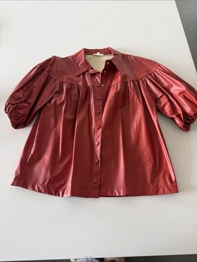 Entro Burnt Orange Faux Leather Button-Front Puff Sleeve Blouse